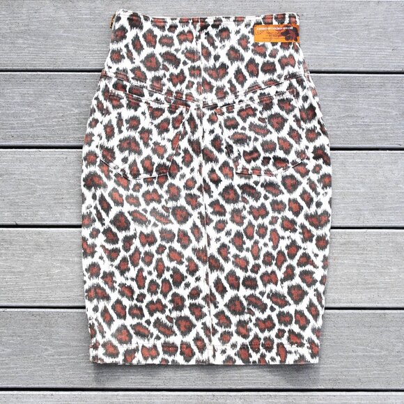 80s leopard print high waist skirt by Network Sz 12 heavy denim, side zipper - Picture 3 of 6
